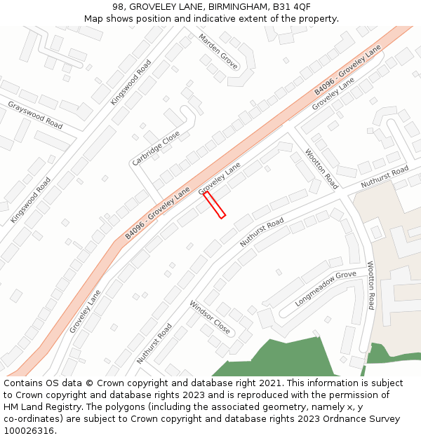 98, GROVELEY LANE, BIRMINGHAM, B31 4QF: Location map and indicative extent of plot