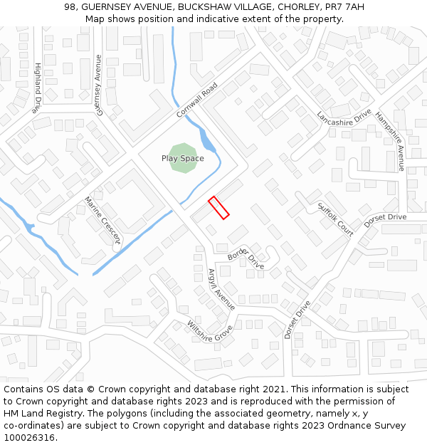 98, GUERNSEY AVENUE, BUCKSHAW VILLAGE, CHORLEY, PR7 7AH: Location map and indicative extent of plot