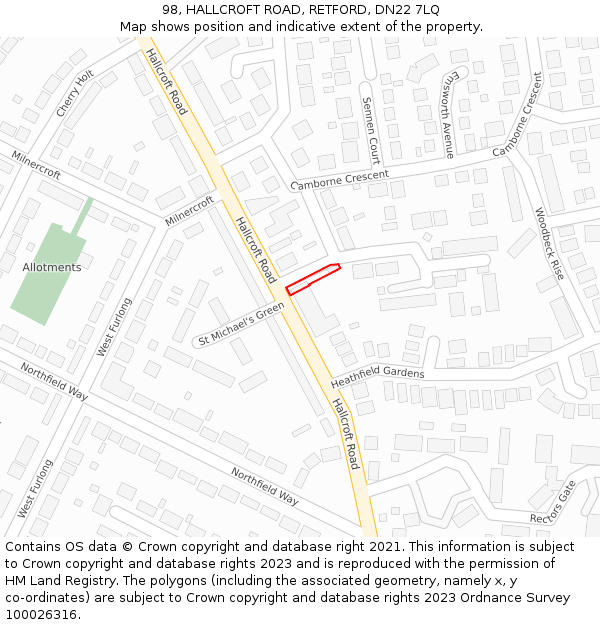 98, HALLCROFT ROAD, RETFORD, DN22 7LQ: Location map and indicative extent of plot