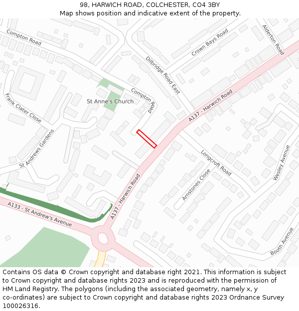 98, HARWICH ROAD, COLCHESTER, CO4 3BY: Location map and indicative extent of plot