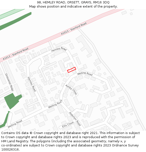 98, HEMLEY ROAD, ORSETT, GRAYS, RM16 3DQ: Location map and indicative extent of plot