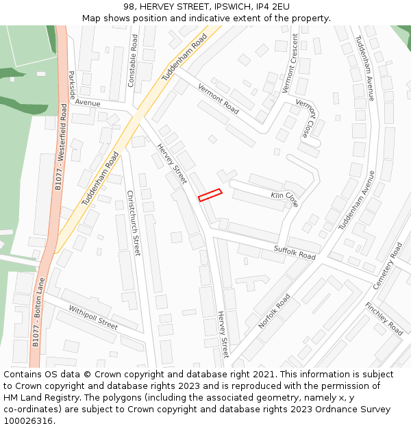 98, HERVEY STREET, IPSWICH, IP4 2EU: Location map and indicative extent of plot