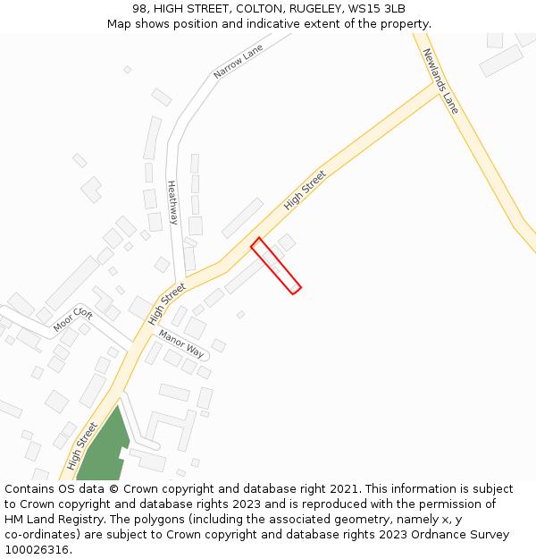 98, HIGH STREET, COLTON, RUGELEY, WS15 3LB: Location map and indicative extent of plot