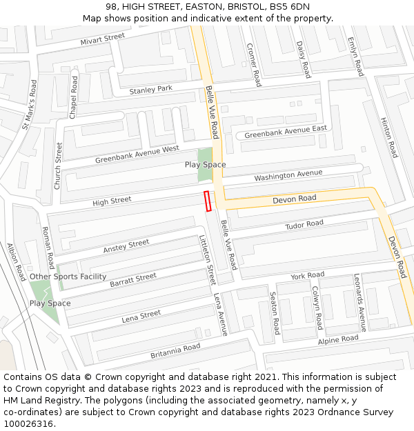 98, HIGH STREET, EASTON, BRISTOL, BS5 6DN: Location map and indicative extent of plot