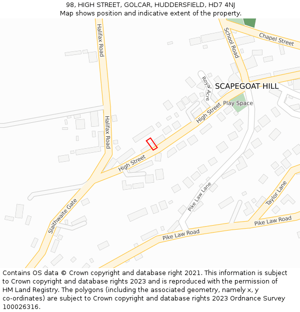 98, HIGH STREET, GOLCAR, HUDDERSFIELD, HD7 4NJ: Location map and indicative extent of plot