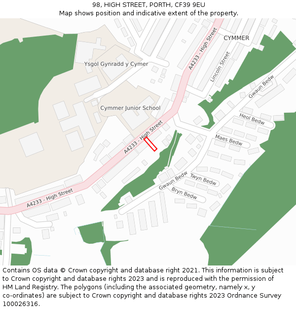 98, HIGH STREET, PORTH, CF39 9EU: Location map and indicative extent of plot
