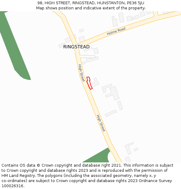 98, HIGH STREET, RINGSTEAD, HUNSTANTON, PE36 5JU: Location map and indicative extent of plot