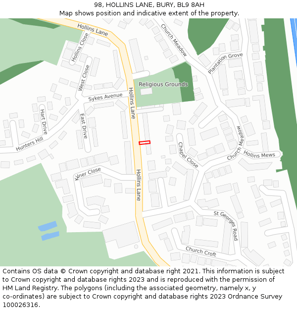 98, HOLLINS LANE, BURY, BL9 8AH: Location map and indicative extent of plot