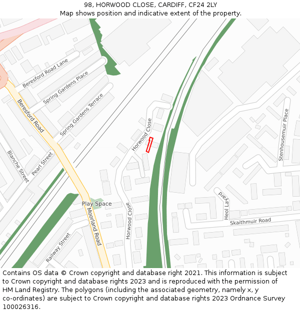 98, HORWOOD CLOSE, CARDIFF, CF24 2LY: Location map and indicative extent of plot