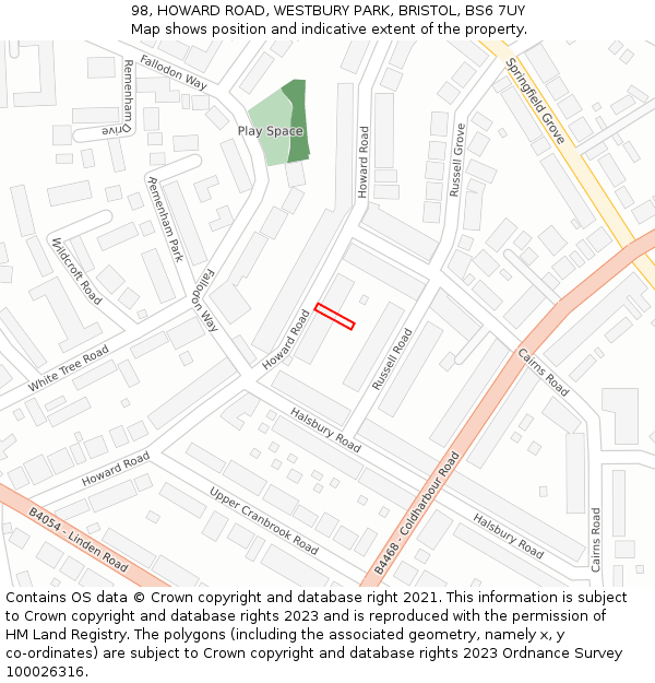 98, HOWARD ROAD, WESTBURY PARK, BRISTOL, BS6 7UY: Location map and indicative extent of plot