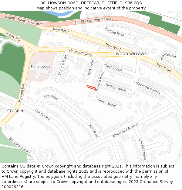 98, HOWSON ROAD, DEEPCAR, SHEFFIELD, S36 2QS: Location map and indicative extent of plot