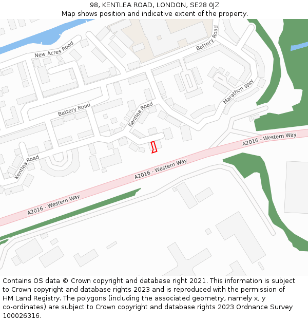 98, KENTLEA ROAD, LONDON, SE28 0JZ: Location map and indicative extent of plot