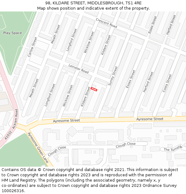 98, KILDARE STREET, MIDDLESBROUGH, TS1 4RE: Location map and indicative extent of plot
