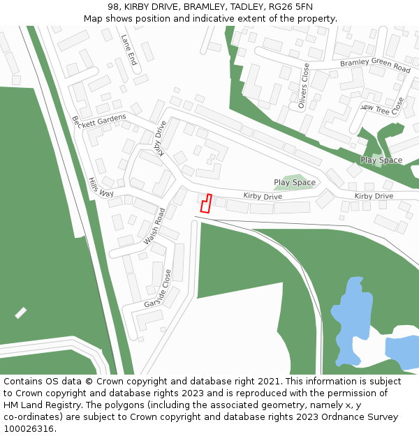 98, KIRBY DRIVE, BRAMLEY, TADLEY, RG26 5FN: Location map and indicative extent of plot