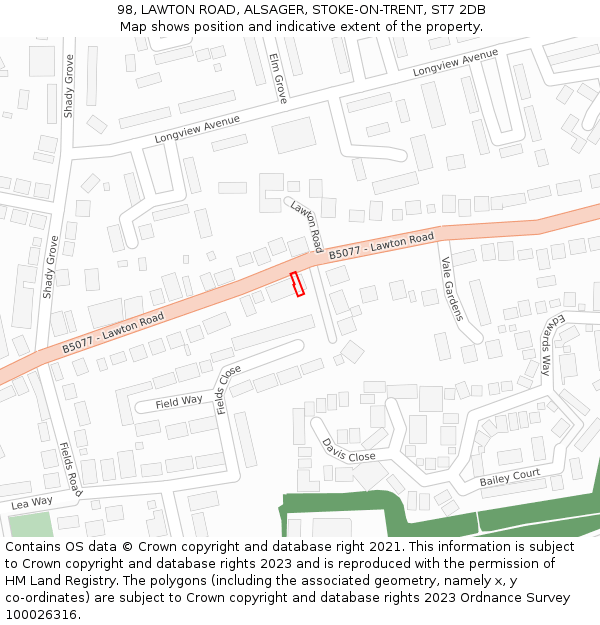 98, LAWTON ROAD, ALSAGER, STOKE-ON-TRENT, ST7 2DB: Location map and indicative extent of plot