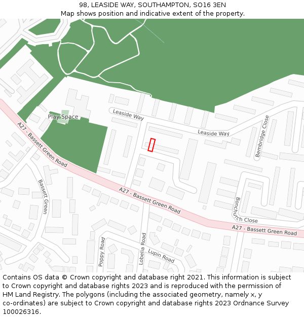 98, LEASIDE WAY, SOUTHAMPTON, SO16 3EN: Location map and indicative extent of plot