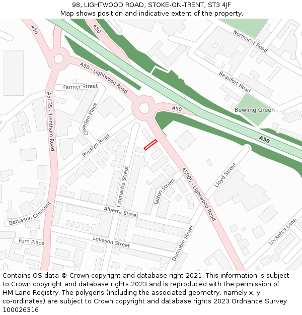 98, LIGHTWOOD ROAD, STOKE-ON-TRENT, ST3 4JF: Location map and indicative extent of plot