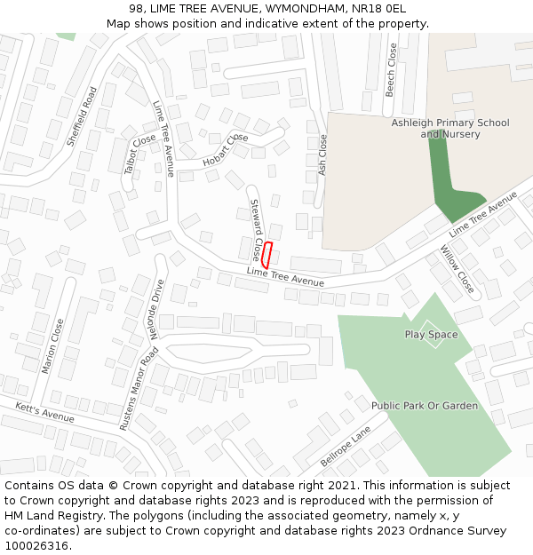 98, LIME TREE AVENUE, WYMONDHAM, NR18 0EL: Location map and indicative extent of plot
