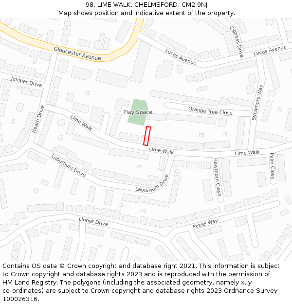 98, LIME WALK, CHELMSFORD, CM2 9NJ: Location map and indicative extent of plot