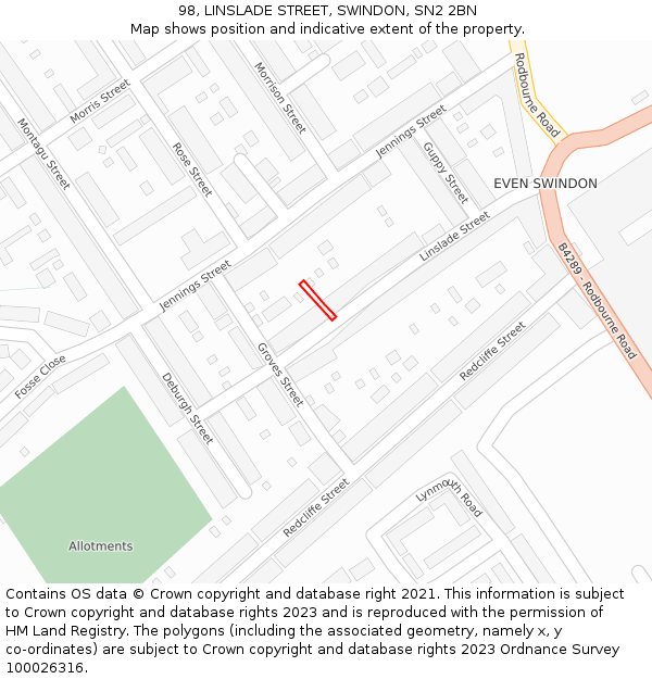 98, LINSLADE STREET, SWINDON, SN2 2BN: Location map and indicative extent of plot
