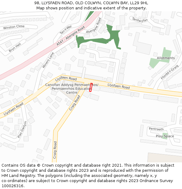 98, LLYSFAEN ROAD, OLD COLWYN, COLWYN BAY, LL29 9HL: Location map and indicative extent of plot