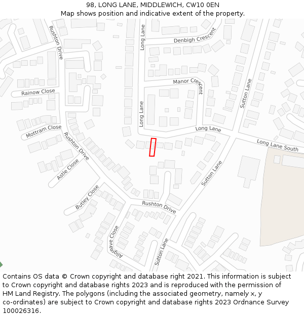 98, LONG LANE, MIDDLEWICH, CW10 0EN: Location map and indicative extent of plot