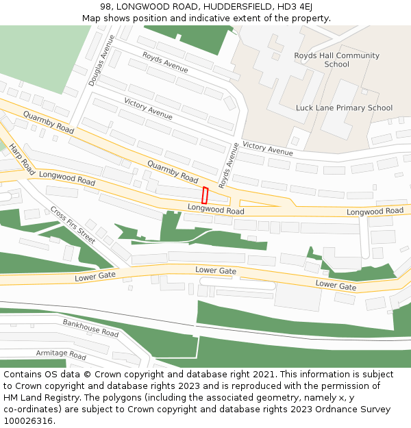 98, LONGWOOD ROAD, HUDDERSFIELD, HD3 4EJ: Location map and indicative extent of plot