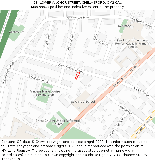 98, LOWER ANCHOR STREET, CHELMSFORD, CM2 0AU: Location map and indicative extent of plot