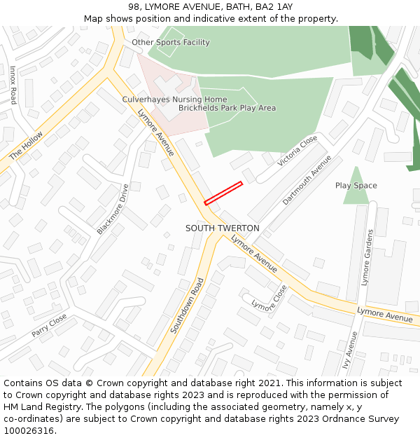 98, LYMORE AVENUE, BATH, BA2 1AY: Location map and indicative extent of plot