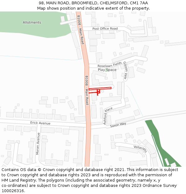 98, MAIN ROAD, BROOMFIELD, CHELMSFORD, CM1 7AA: Location map and indicative extent of plot