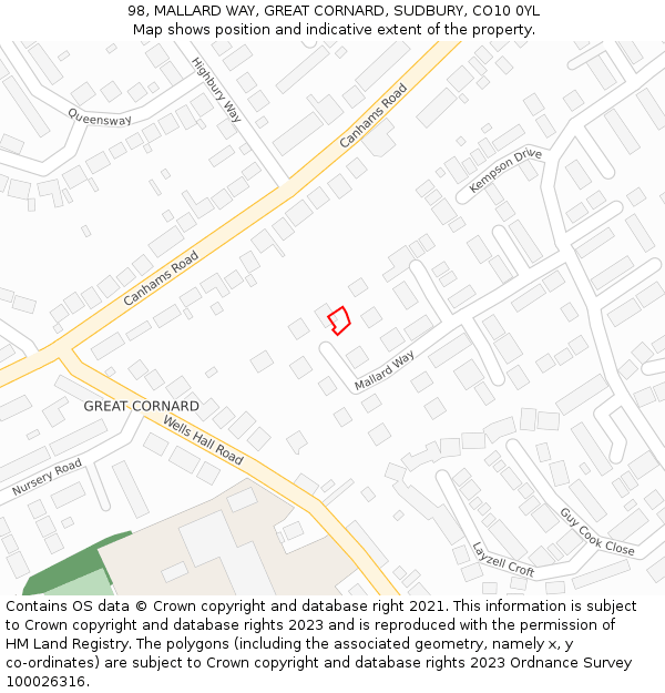 98, MALLARD WAY, GREAT CORNARD, SUDBURY, CO10 0YL: Location map and indicative extent of plot