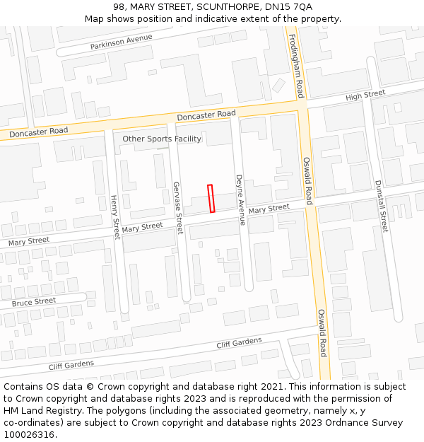 98, MARY STREET, SCUNTHORPE, DN15 7QA: Location map and indicative extent of plot