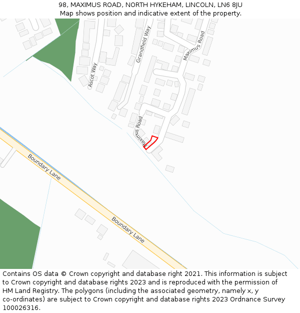 98, MAXIMUS ROAD, NORTH HYKEHAM, LINCOLN, LN6 8JU: Location map and indicative extent of plot