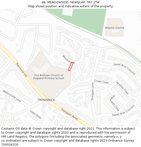98, MEADOWSIDE, NEWQUAY, TR7 2TW: Location map and indicative extent of plot