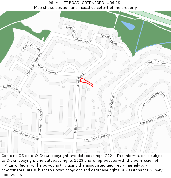 98, MILLET ROAD, GREENFORD, UB6 9SH: Location map and indicative extent of plot