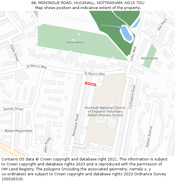 98, MONTAGUE ROAD, HUCKNALL, NOTTINGHAM, NG15 7DU: Location map and indicative extent of plot