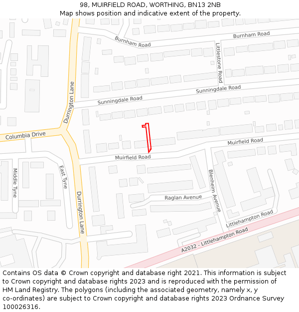 98, MUIRFIELD ROAD, WORTHING, BN13 2NB: Location map and indicative extent of plot