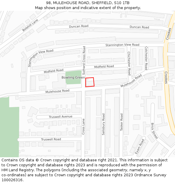 98, MULEHOUSE ROAD, SHEFFIELD, S10 1TB: Location map and indicative extent of plot