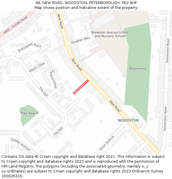 98, NEW ROAD, WOODSTON, PETERBOROUGH, PE2 9HF: Location map and indicative extent of plot