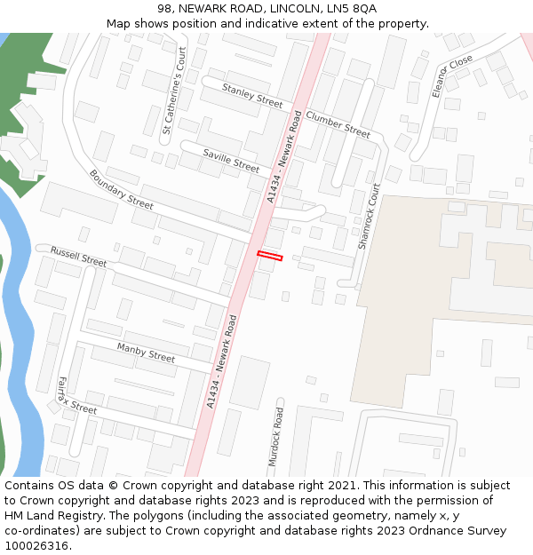 98, NEWARK ROAD, LINCOLN, LN5 8QA: Location map and indicative extent of plot