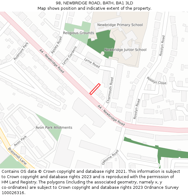 98, NEWBRIDGE ROAD, BATH, BA1 3LD: Location map and indicative extent of plot