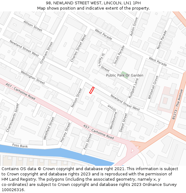 98, NEWLAND STREET WEST, LINCOLN, LN1 1PH: Location map and indicative extent of plot
