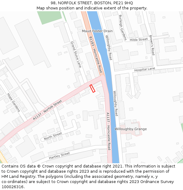 98, NORFOLK STREET, BOSTON, PE21 9HQ: Location map and indicative extent of plot