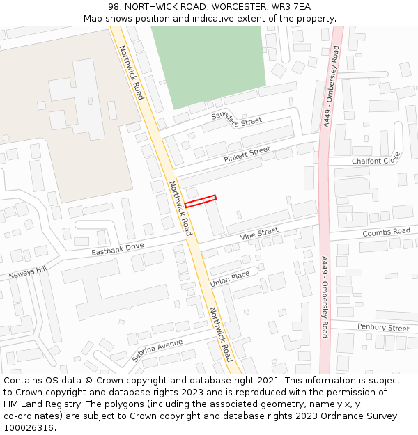 98, NORTHWICK ROAD, WORCESTER, WR3 7EA: Location map and indicative extent of plot