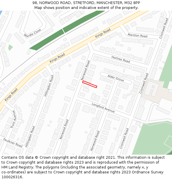 98, NORWOOD ROAD, STRETFORD, MANCHESTER, M32 8PP: Location map and indicative extent of plot
