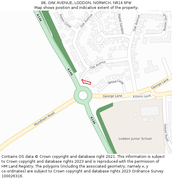 98, OAK AVENUE, LODDON, NORWICH, NR14 6FW: Location map and indicative extent of plot
