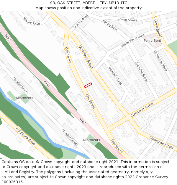 98, OAK STREET, ABERTILLERY, NP13 1TG: Location map and indicative extent of plot