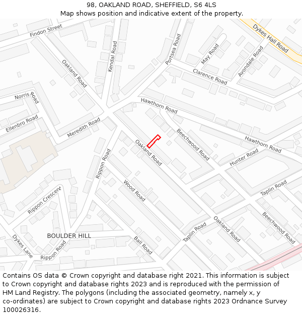 98, OAKLAND ROAD, SHEFFIELD, S6 4LS: Location map and indicative extent of plot