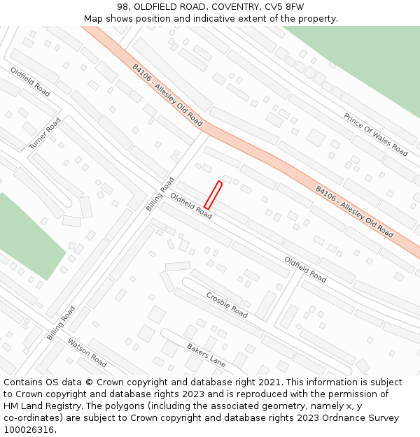 98, OLDFIELD ROAD, COVENTRY, CV5 8FW: Location map and indicative extent of plot