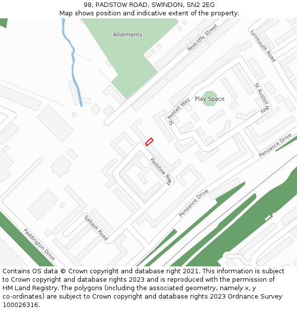 98, PADSTOW ROAD, SWINDON, SN2 2EG: Location map and indicative extent of plot